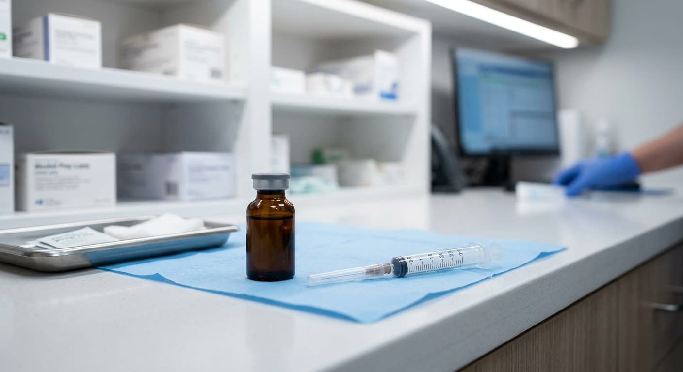 Flacon de solution injectable et seringue sur un plan de travail médical, ambiance sobre