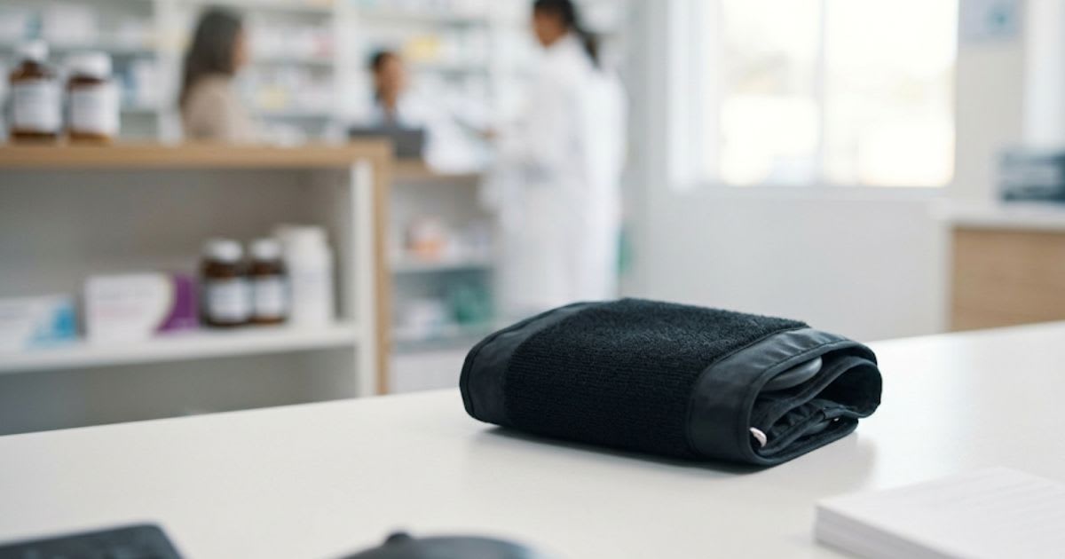 Tensiomètre posé sur un comptoir de pharmacie, ambiance sobre et professionnelle