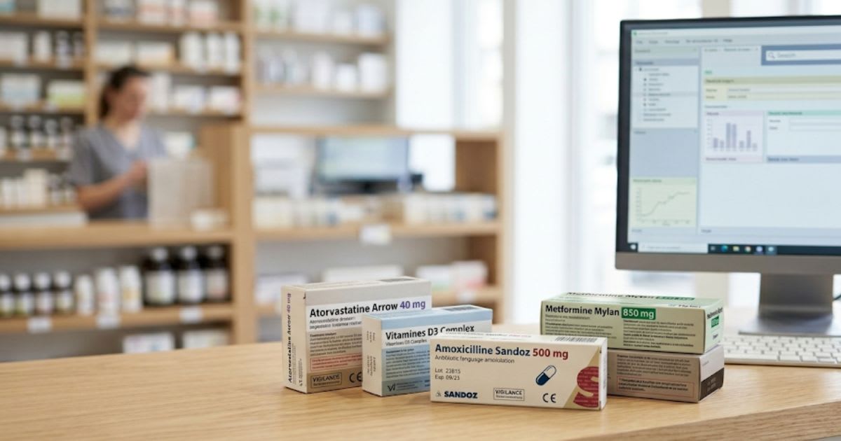 Boîtes de médicaments et matériel de préparation magistrale sur un comptoir de pharmacie, ambiance sobre