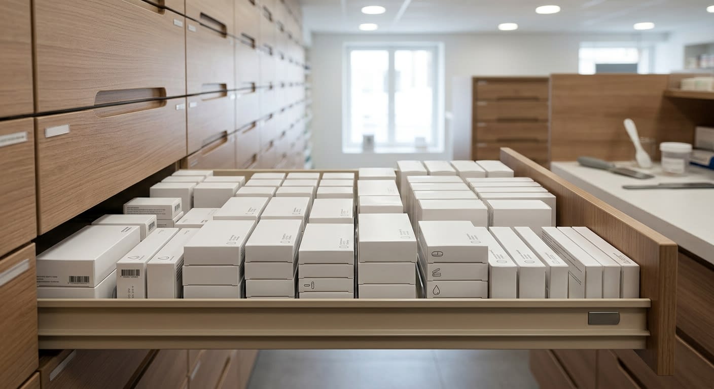 Tiroir de pharmacie avec des boîtes de médicaments réapprovisionnées, ambiance sobre