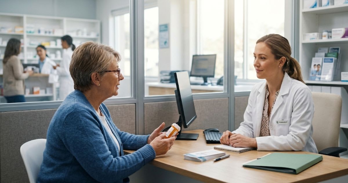 Pharmacien en entretien avec un patient au comptoir, ambiance calme et professionnelle