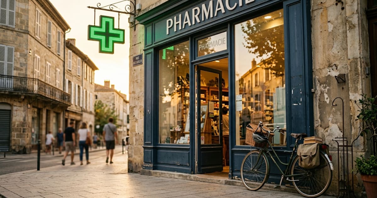 Comptoir de pharmacie avec un calendrier ouvert sur le mois de septembre, ambiance sobre et professionnelle