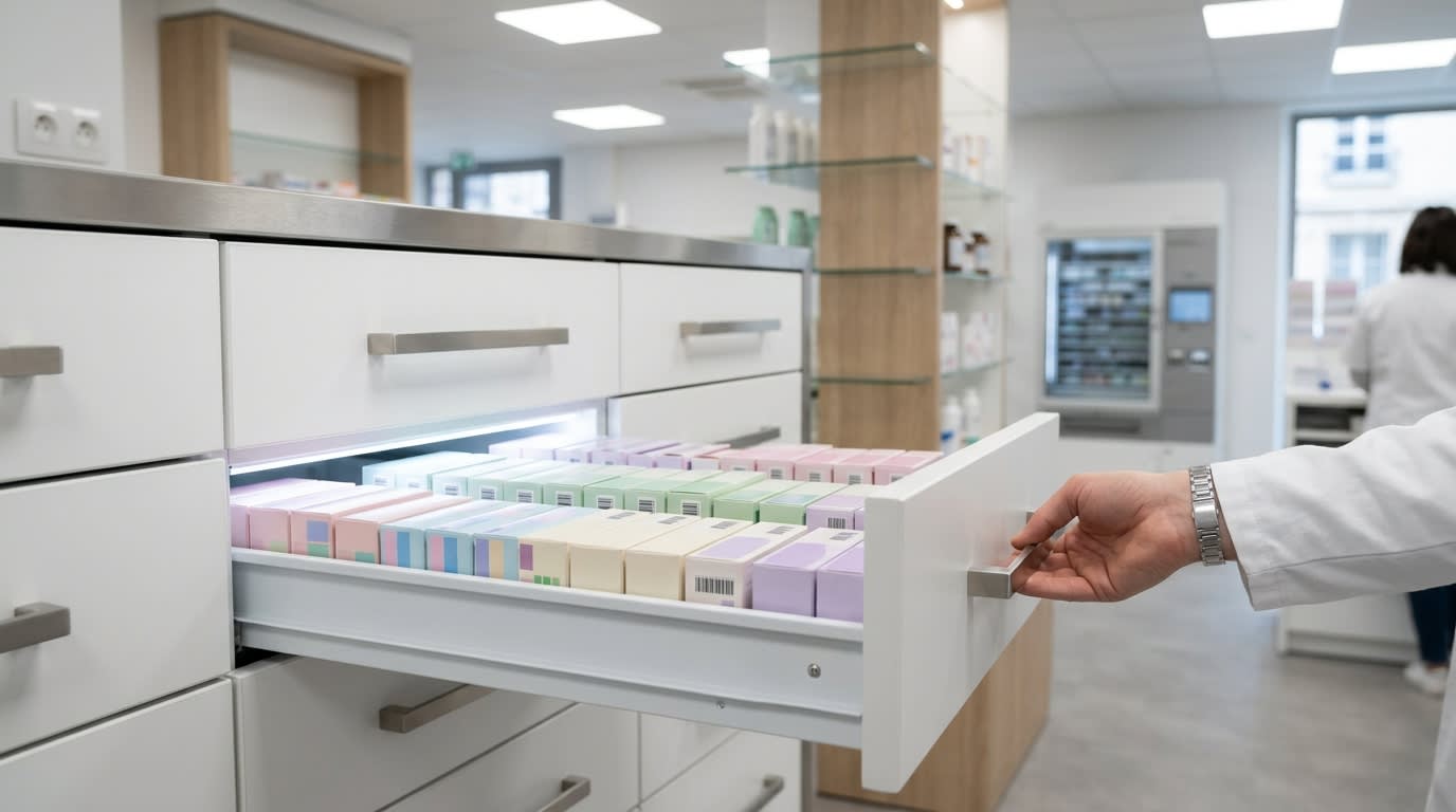 Boîtes de médicaments génériques rangées dans les tiroirs d'une officine, ambiance sobre