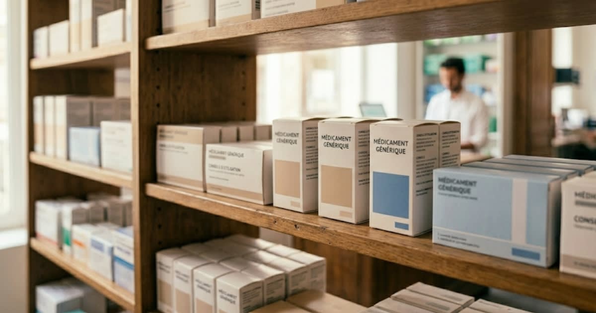 Plan rapproché de boîtes de génériques sur étagère d'officine