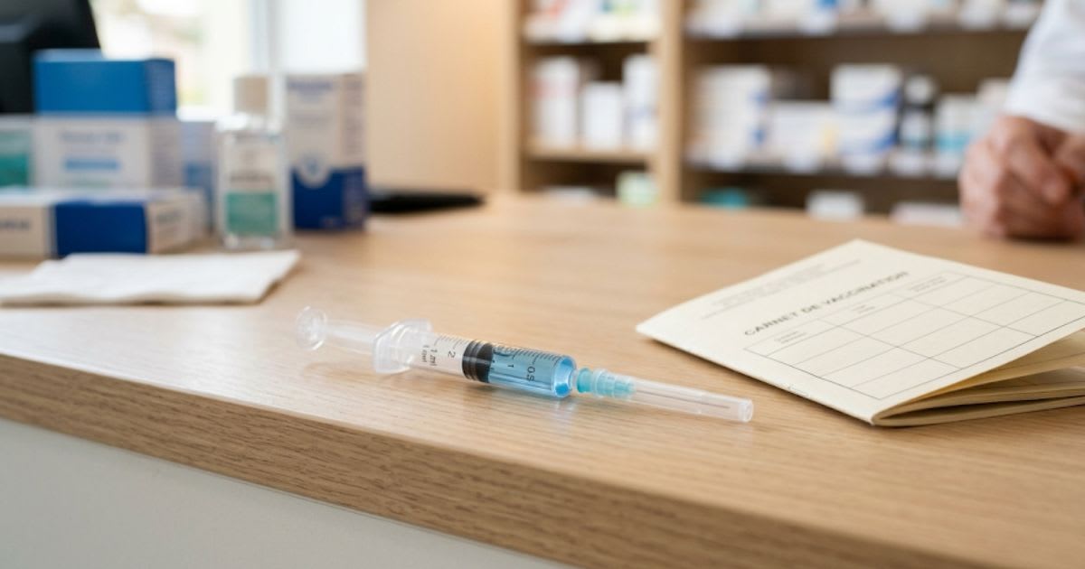 Seringue préremplie de vaccin posée sur un comptoir de pharmacie à côté d'un carnet de vaccination
