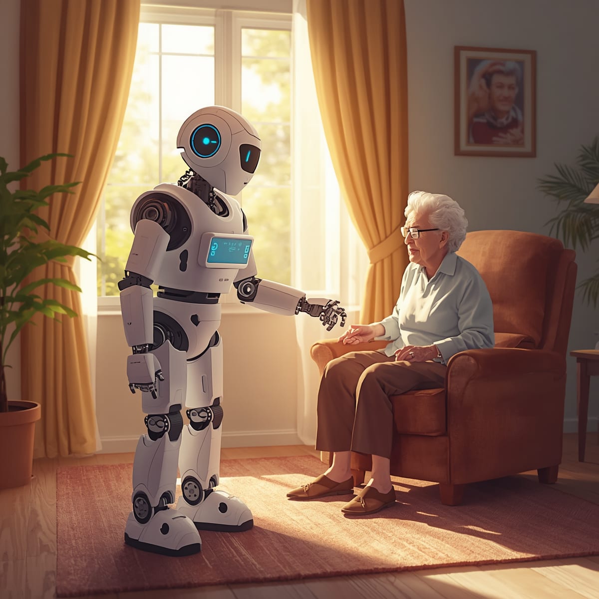 Robot social interagissant avec une personne âgée dans un EHPAD lumineux