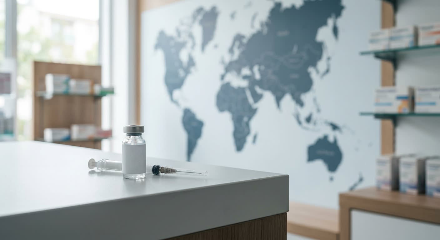 Globe terrestre posé sur un comptoir de pharmacie à côté d'un flacon de vaccin, ambiance sobre