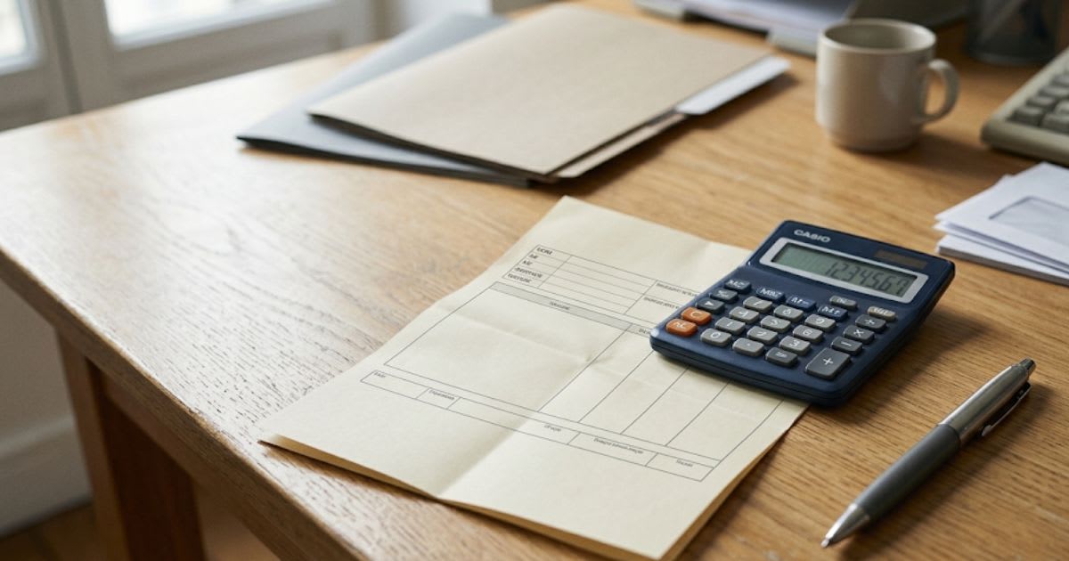 Bulletin de paie posé sur un bureau à côté d'une calculatrice, ambiance comptable sobre
