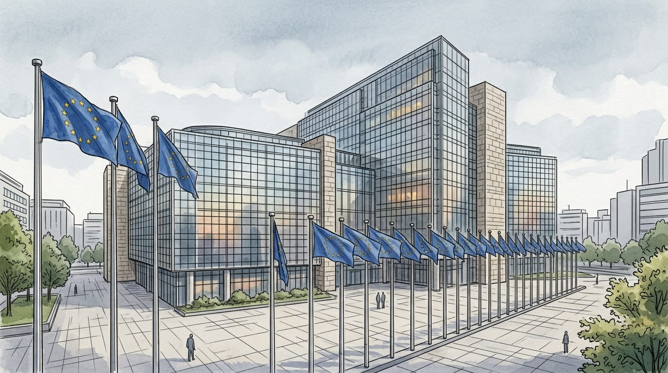 Façade sobre d'un bâtiment institutionnel européen, drapeaux en arrière-plan, ambiance neutre