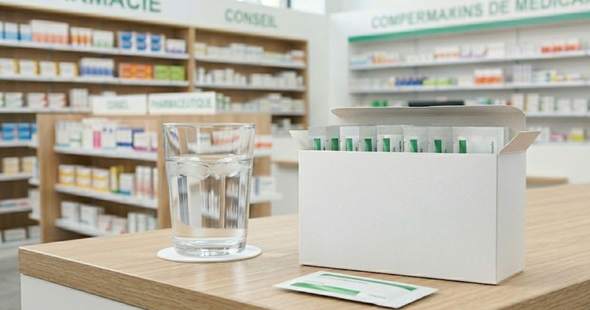 Boîte de médicament en sachets de granulés posée sur un comptoir de pharmacie