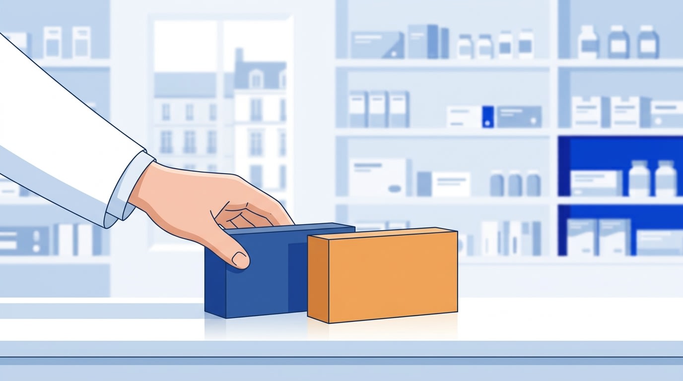 Deux boîtes de médicament côte à côte sur un comptoir de pharmacie, ambiance sobre
