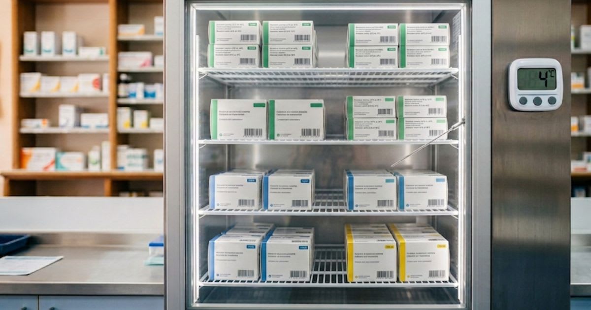 Réfrigérateur médical contenant des vaccins, sonde de température visible, ambiance officine sobre