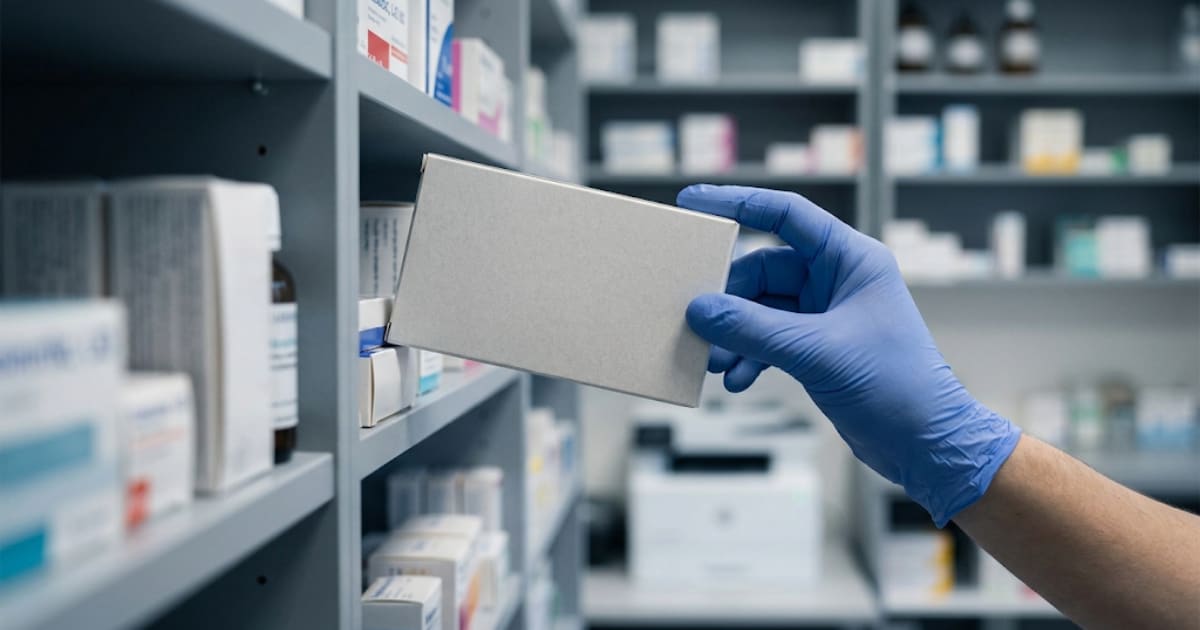 Boîte de médicament retirée d'un rayonnage de pharmacie, ambiance sobre