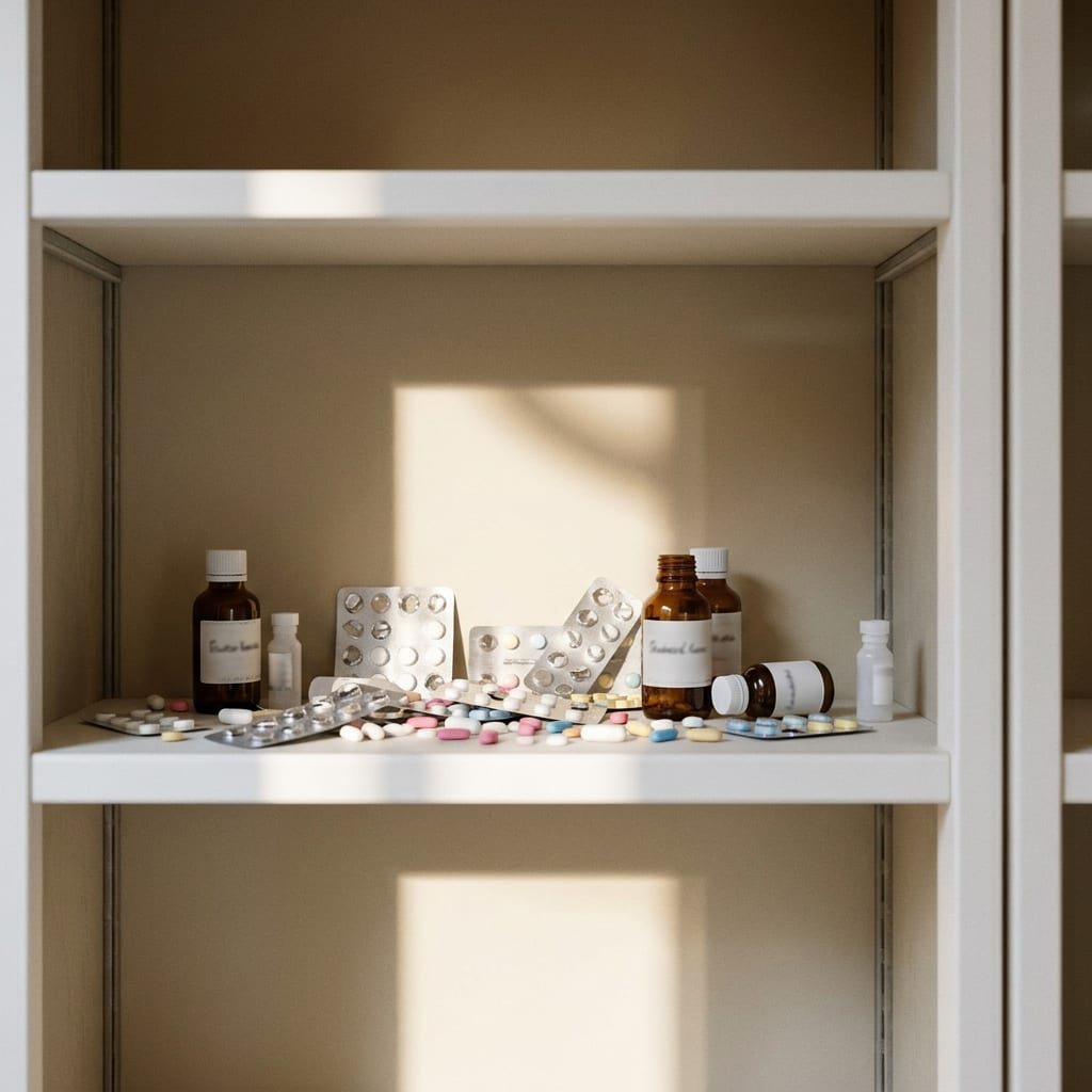 Boîte de médicament sur un comptoir de pharmacie avec mention de rupture, ambiance officine sobre