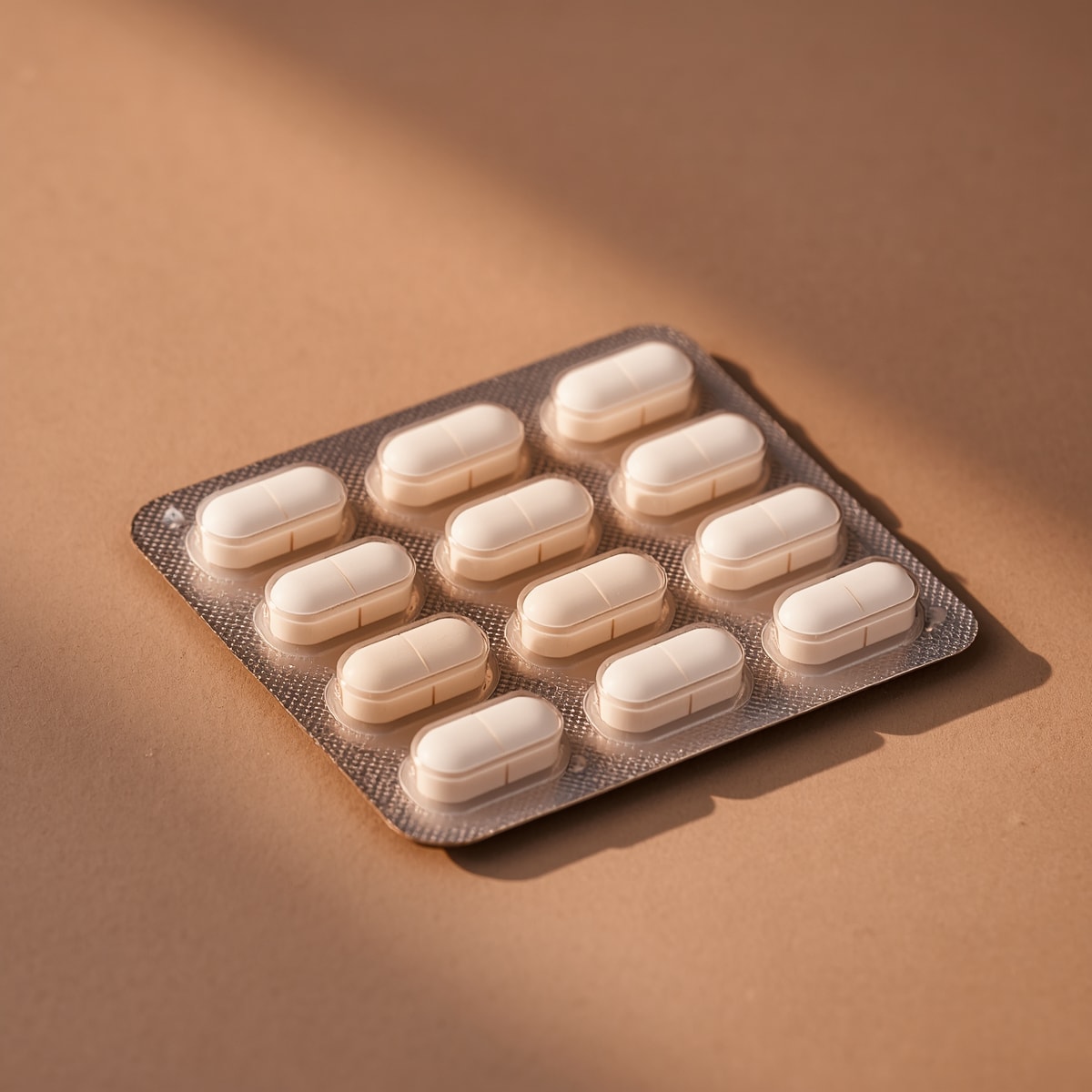 Comprimés en blister sur fond sombre, ambiance pharmacie hospitalière