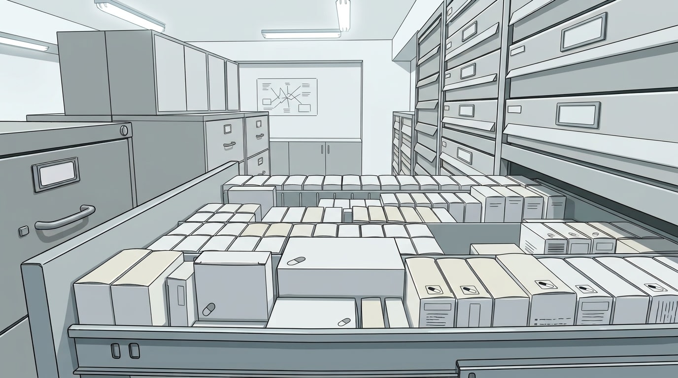 Boîtes de médicaments génériques alignées sur une étagère de pharmacie, ambiance sobre