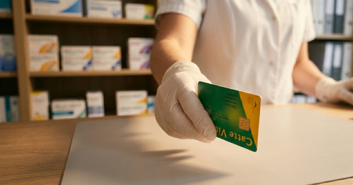 Carte vitale insérée dans un lecteur d'officine, plan rapproché
