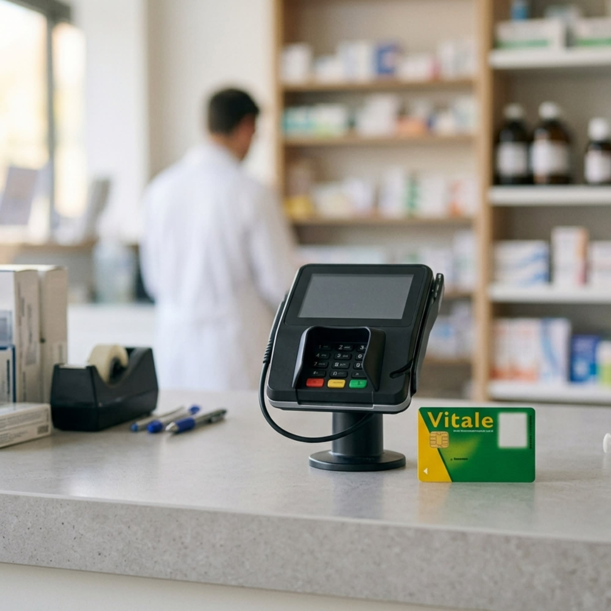 Écran de caisse de pharmacie avec carte Vitale posée à côté, ambiance sobre