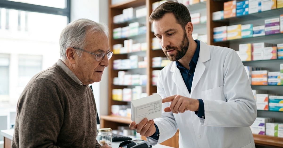Pharmacien montrant une boîte de médicament à un patient au comptoir, ambiance sobre