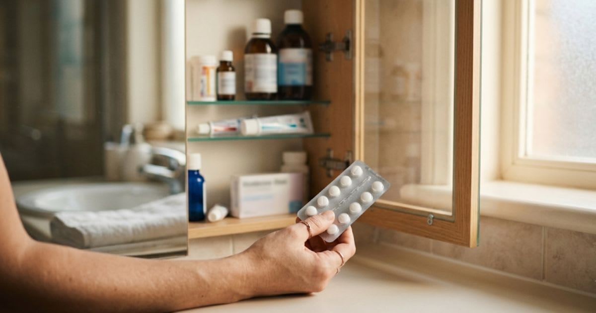 Patchs et boîtes de médicaments hormonaux sur un comptoir de pharmacie, ambiance sobre