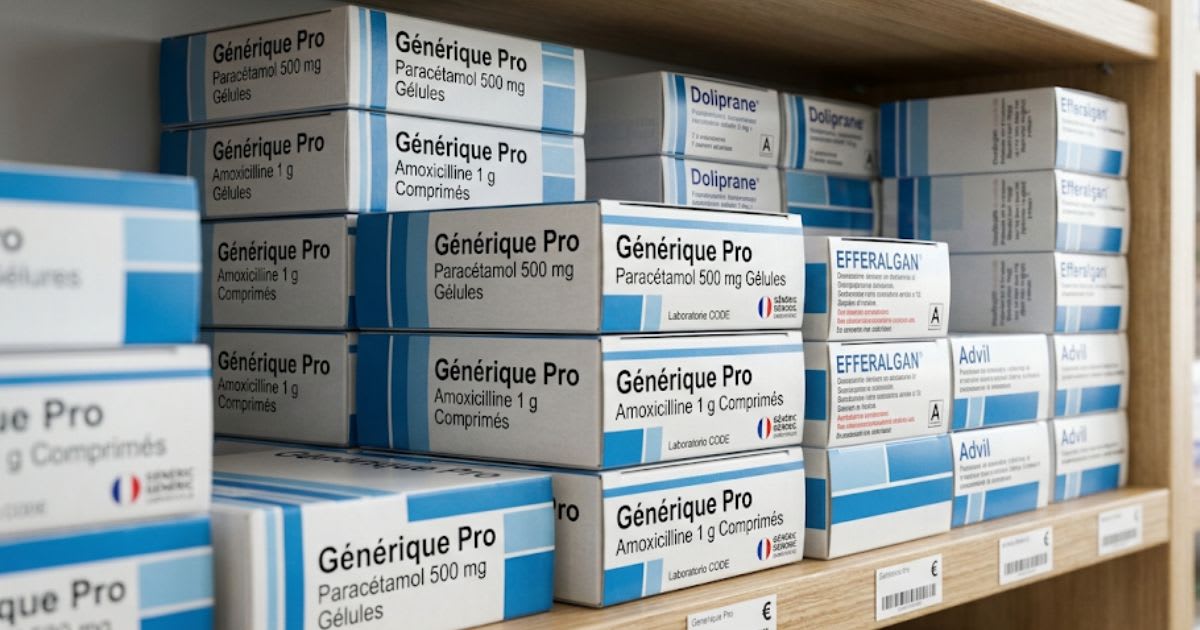 Boîtes de médicaments sur un comptoir de pharmacie, ambiance sobre et professionnelle