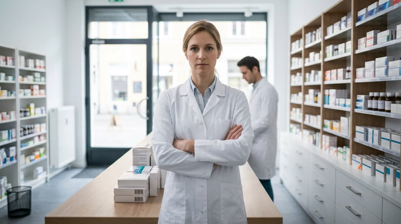 Comptoir de pharmacie, ambiance sobre