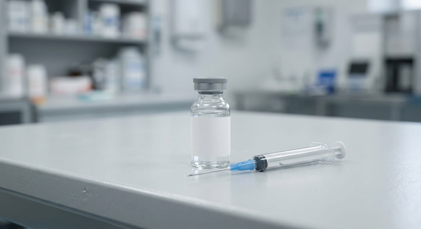 Flacon de vaccin et seringue posés sur un plan de travail, ambiance sobre