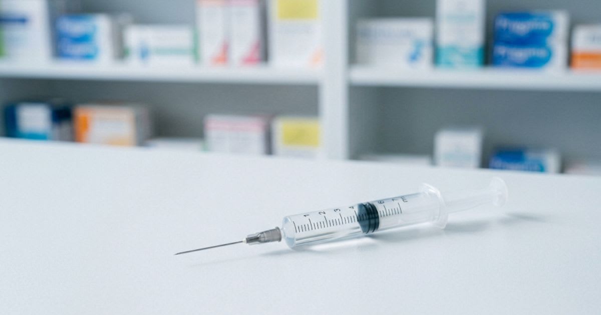 Seringue de vaccin antigrippal posée sur une ordonnance médicale, ambiance officine sobre