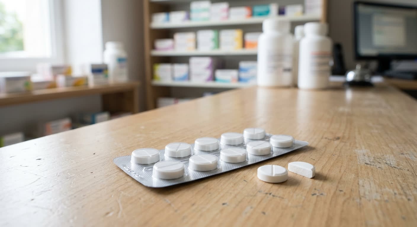 Plaquette de comprimés sécables posée sur un comptoir de pharmacie, ambiance sobre
