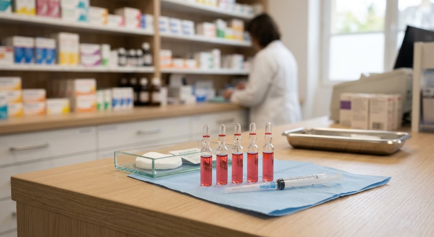 Ampoules de vitamine B12 injectable posées sur un comptoir de pharmacie, ambiance sobre
