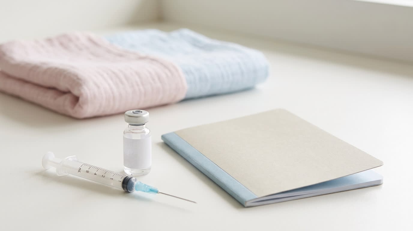 Seringue, flacon et carnet de santé posés sur un plan de travail médical, ambiance sobre