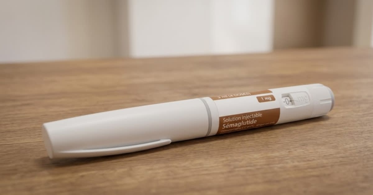 Stylo injecteur posé sur un comptoir de pharmacie, ambiance officine sobre