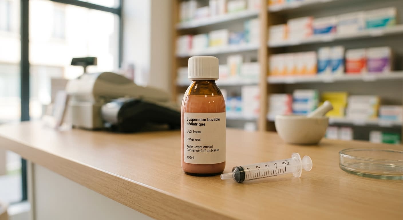 Flacon de suspension buvable pédiatrique avec seringue doseuse sur un comptoir de pharmacie, ambiance sobre
