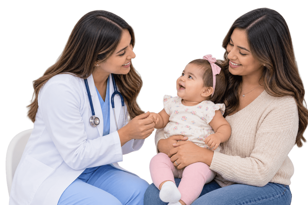 Pediatra acompañando a una madre y su bebé