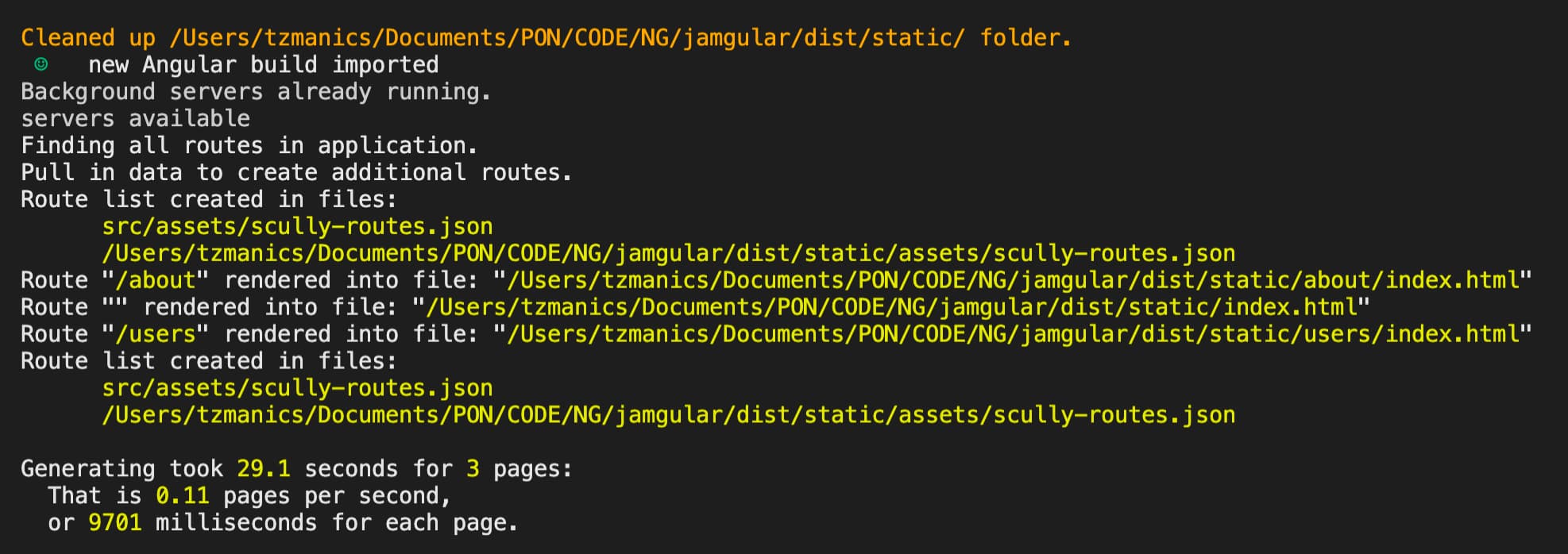 the output from running npm run scully