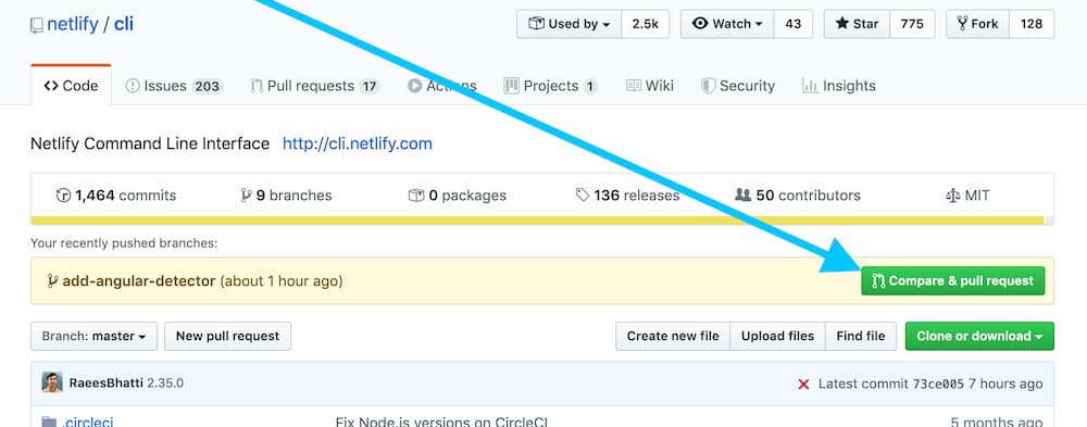 screenshot of the compare and pull request button