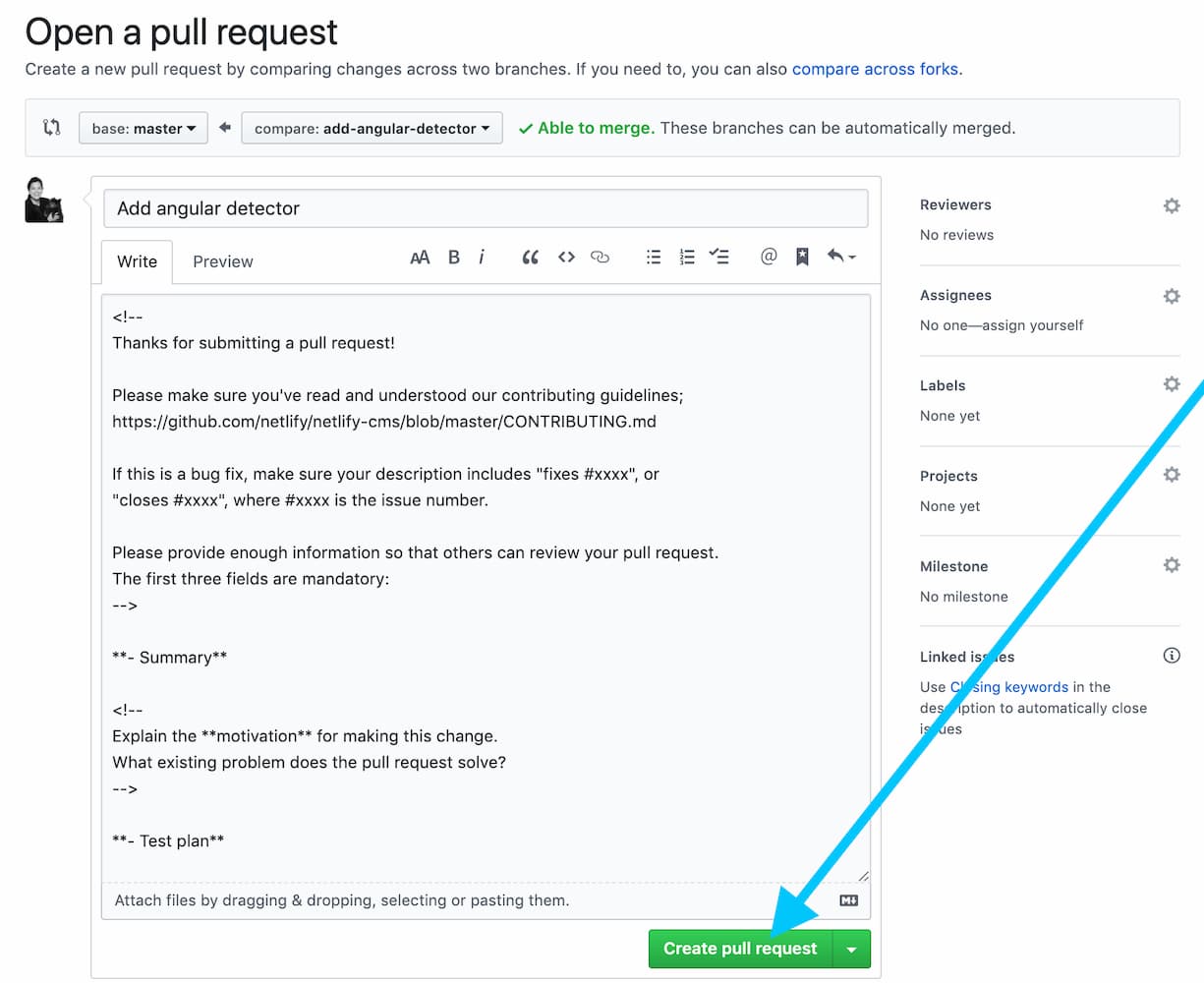 screenshot of the pull request form