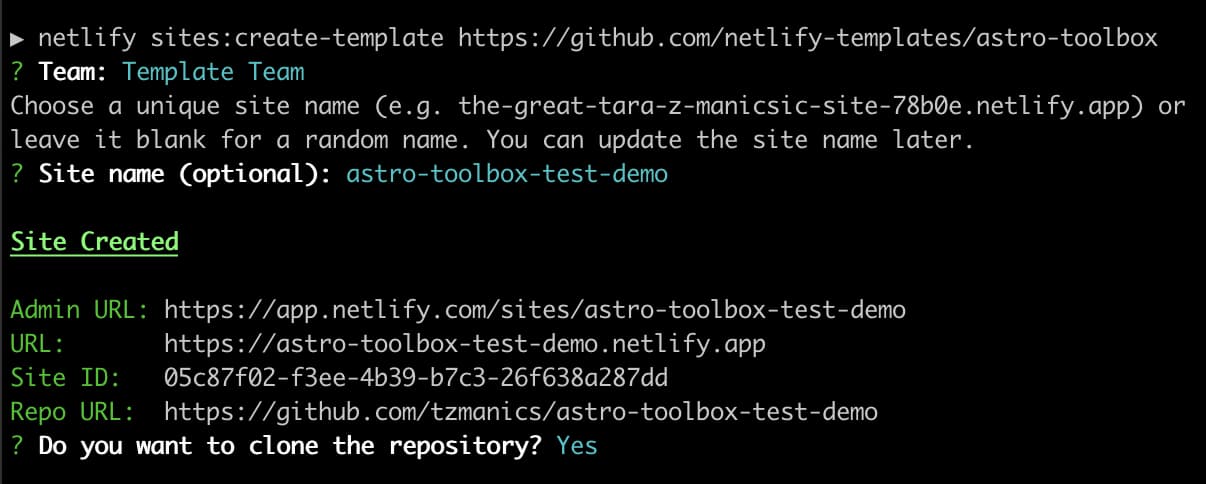 screenshot of sites:create-template command