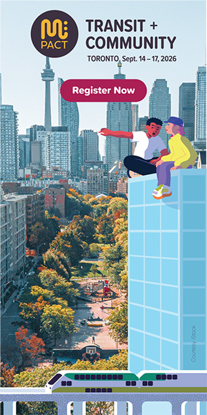 Ad image shows two kids atop a tower next to an elevated rail line with the Toronto skyline in the background. Text says “mPact Transit + Community Toronto, September 14 to 17. Register