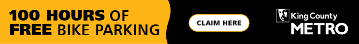 A banner ad with a King County Metro logo says 100 hours of free bike parking. Claim here.