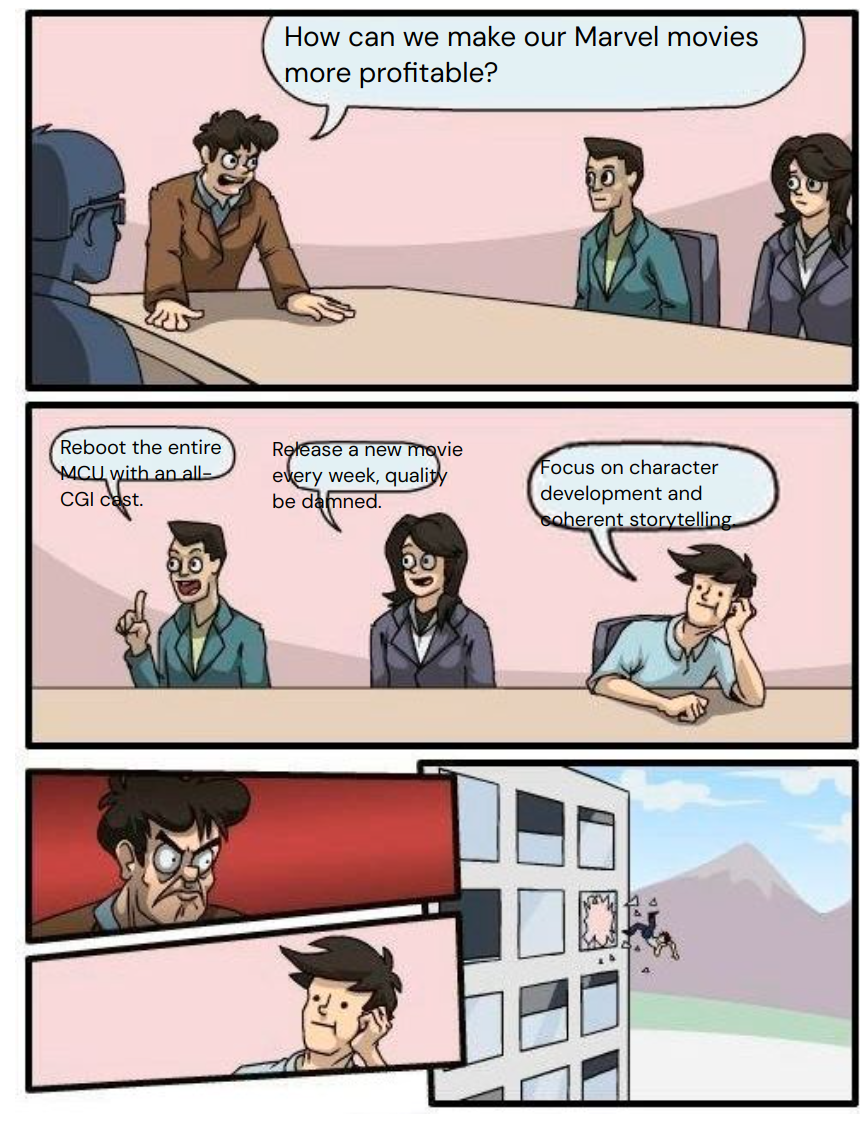 Output for the Glif "Boardroom Meeting Suggestion Meme Generator"
