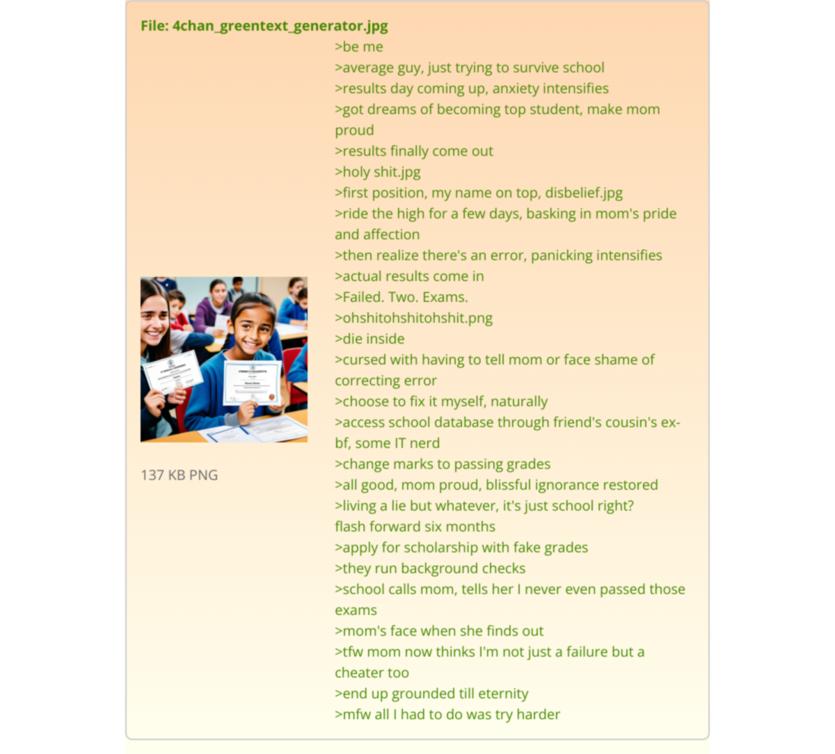 glif - AYANASIFKHAN’s run of 4Chan Greentext Generator