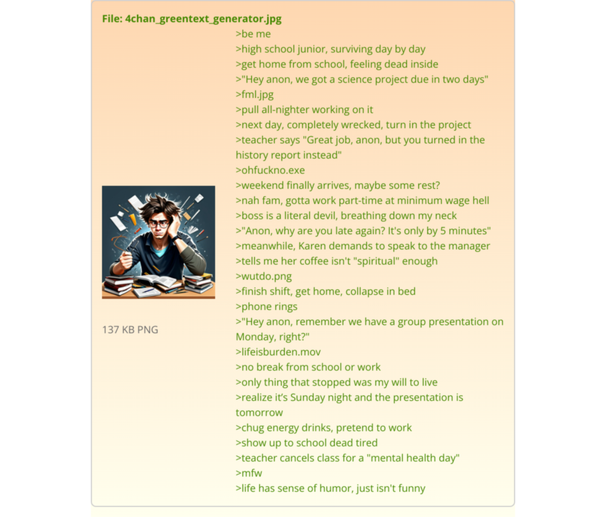 glif - Iam-e20c6c0c96&rsquo;s run of 4Chan Greentext Generator