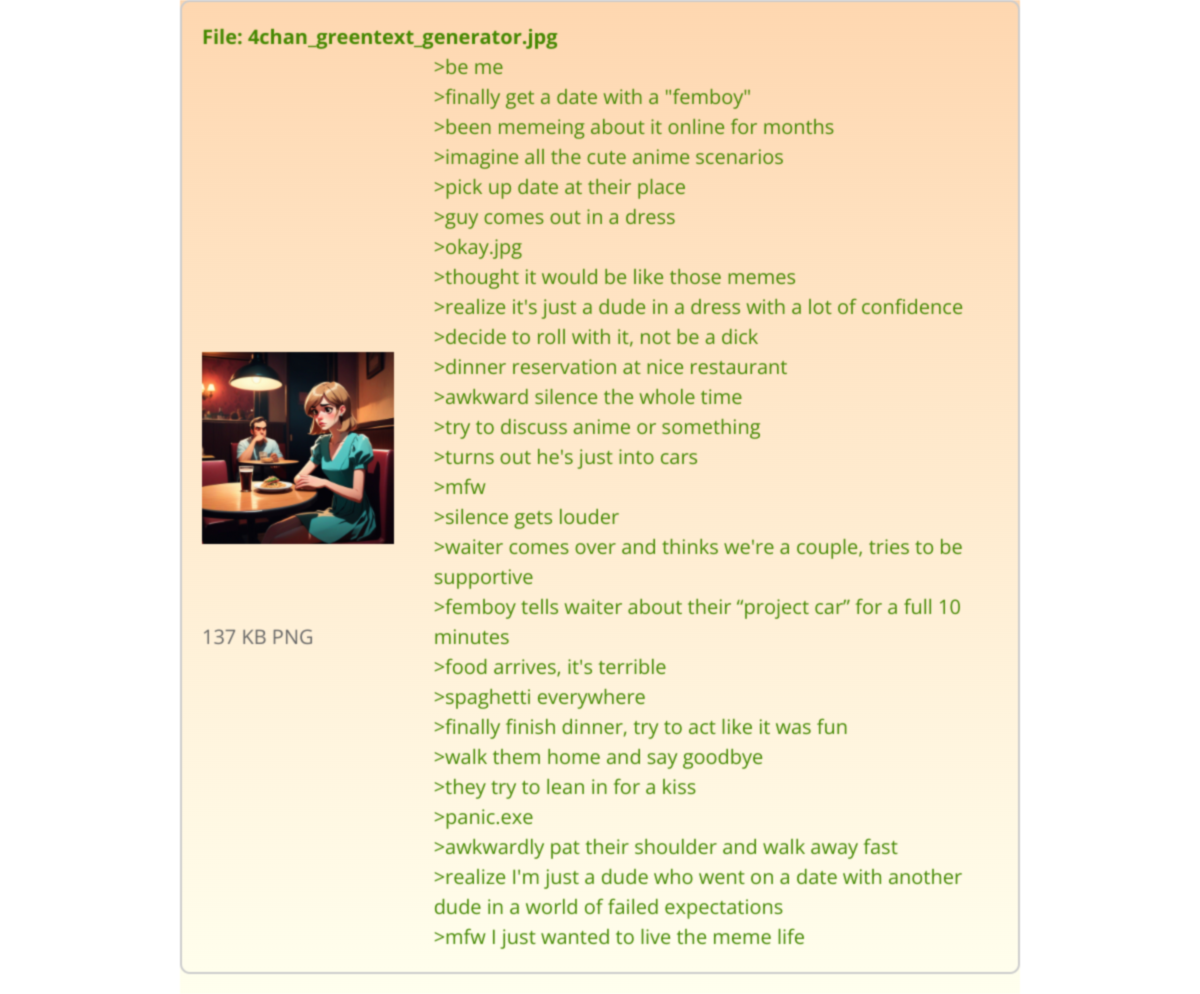 Output for the Glif "4Chan Greentext Generator (but Image Works)"