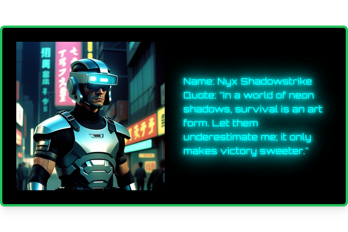 Output for the Skill "Cyberpunk Character Generator"