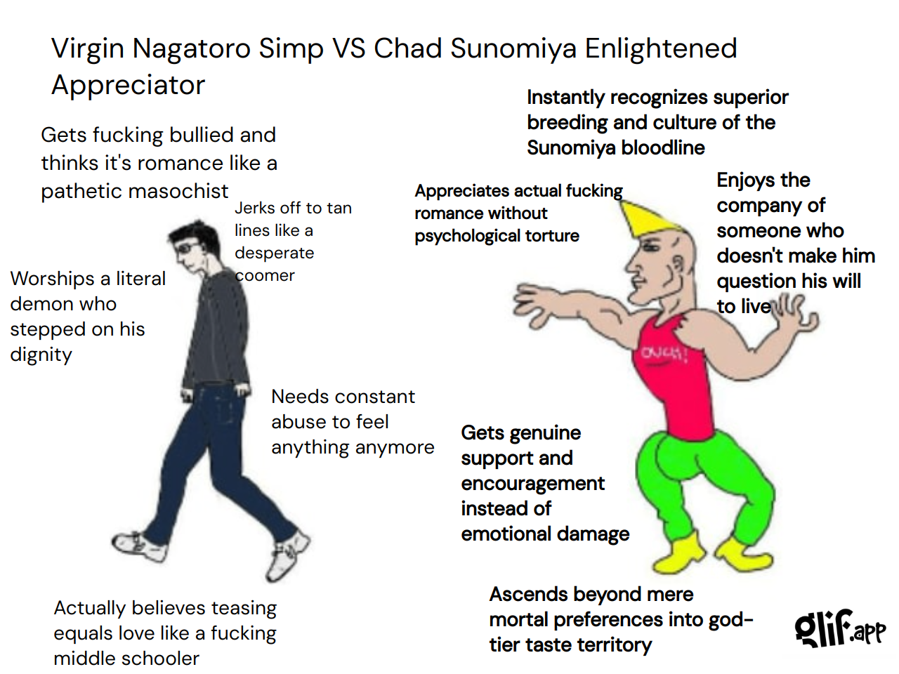 Output for the Glif "CURSED Virgin vs Chad Meme Generator (nsfw language)"
