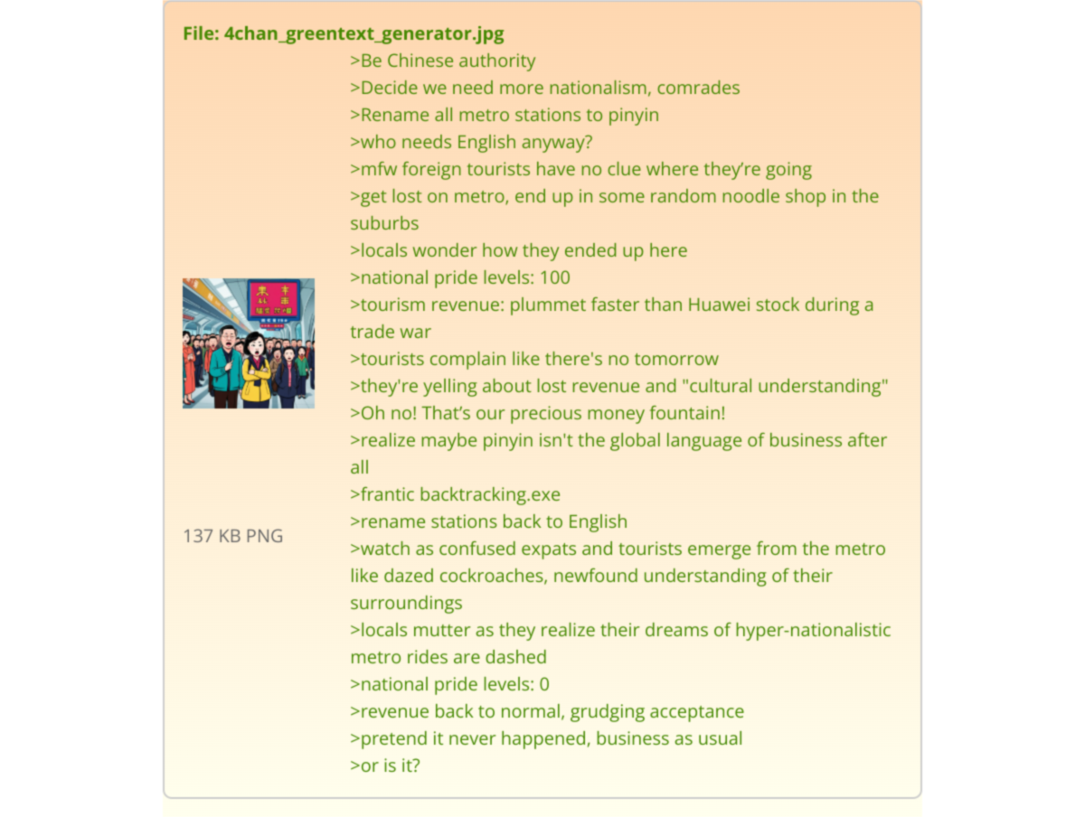Output for the Glif "4Chan Greentext Generator (but Image Works)"