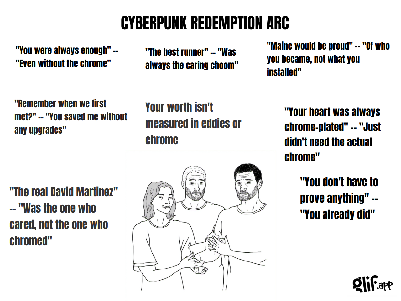 Output for the Glif "WOJAK CHAD MEME GENERATOR (positive remix of orig wojak meme)"