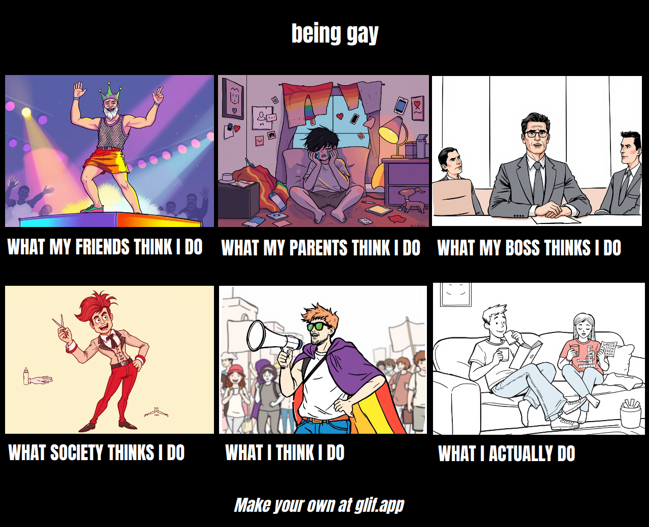 Output for the Glif "What People Think I Do Meme "