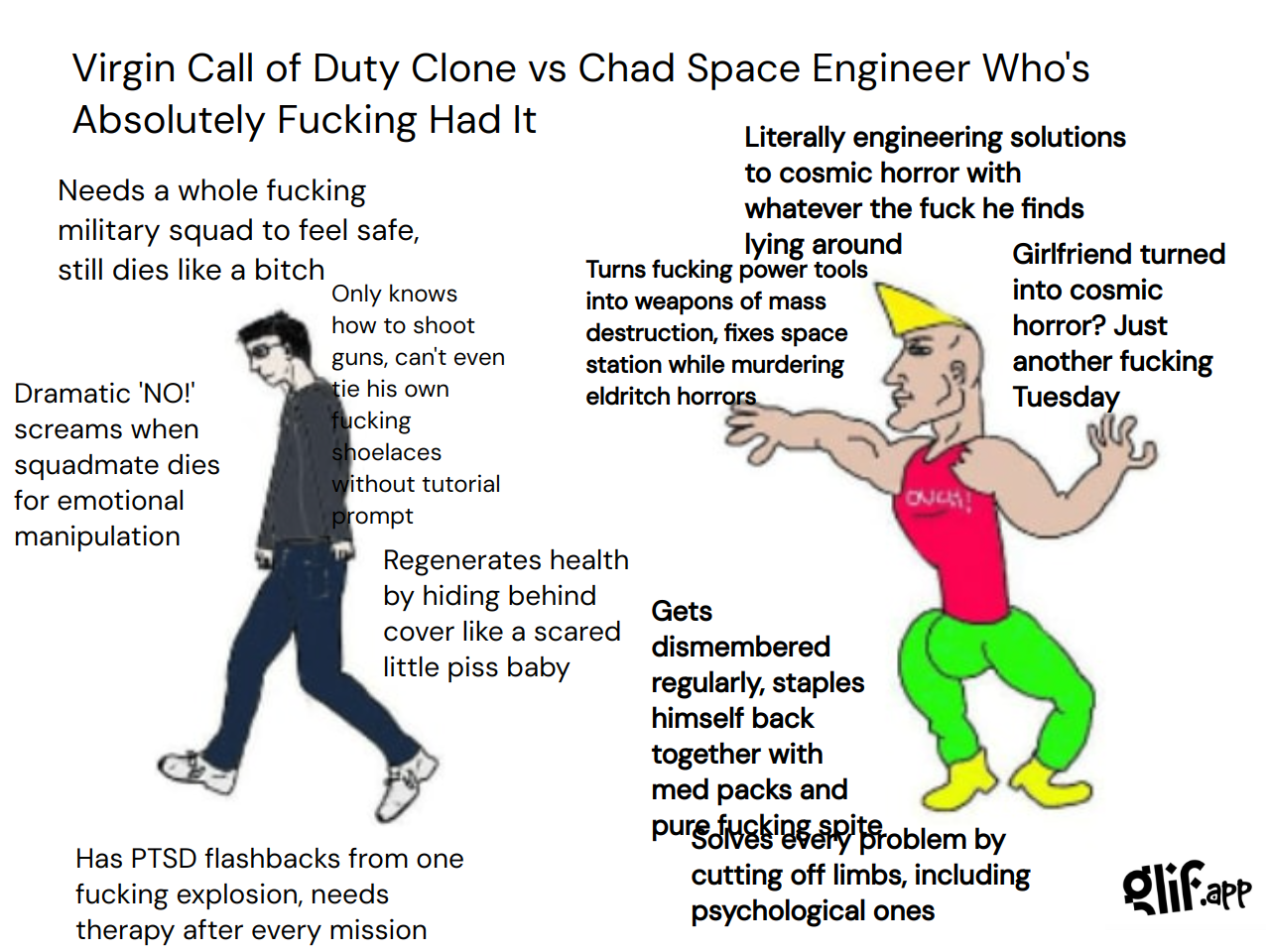Output for the Glif "CURSED Virgin vs Chad Meme Generator (nsfw language)"